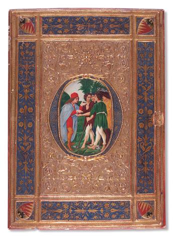 BINDING FORGERY.  Scapecchi, Corrado, attributed to. Pair of panel paintings in imitation of Tavolette di Biccherna. Early 1900s?